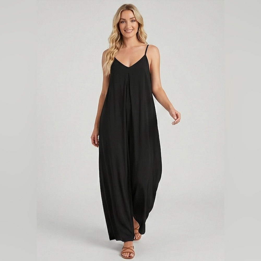 Boho Wide Leg Cami Jumpsuit With Pockets Black